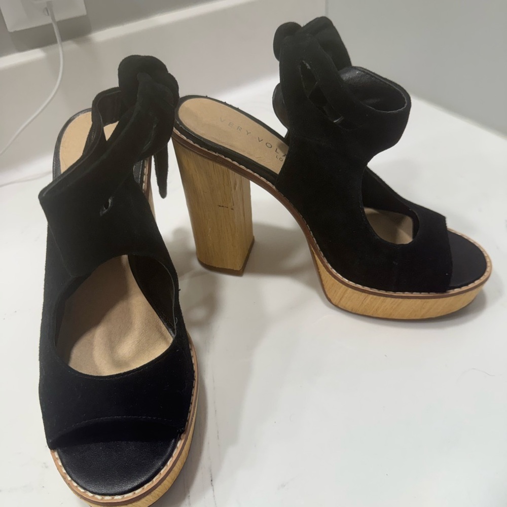 Black Suede Platform Block Heel Sandals - Women's